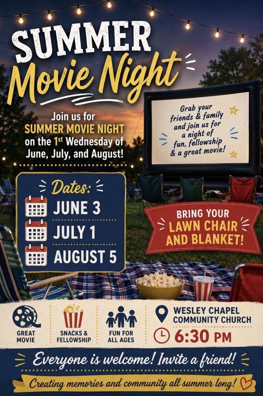 Summer Movie Night flyer — first Wednesday of June, July, and August at 6:30 PM